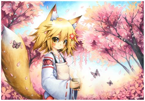 Animal Ears Blonde Hair Butterfly Cherry Blossoms Emperpep Flowers