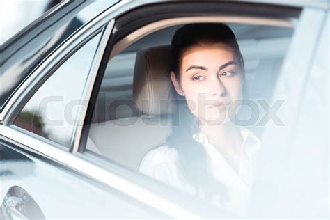 Woman In Backseat Of Car Stock Image Colourbox