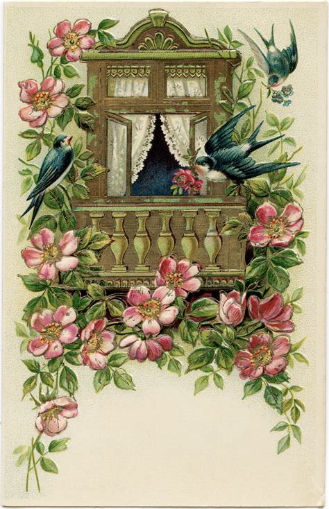 Birds And Flowers Postcard Free Vintage Image Old Design Shop Blog