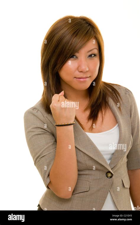 Angry Young Asian Woman In Business Suit Holding Her Right Hand In A