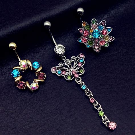 3pcs 2019 New Arrivals Colorful Flower Butterfly Wreath Dangle Navel Bar Belly Button Rings Body