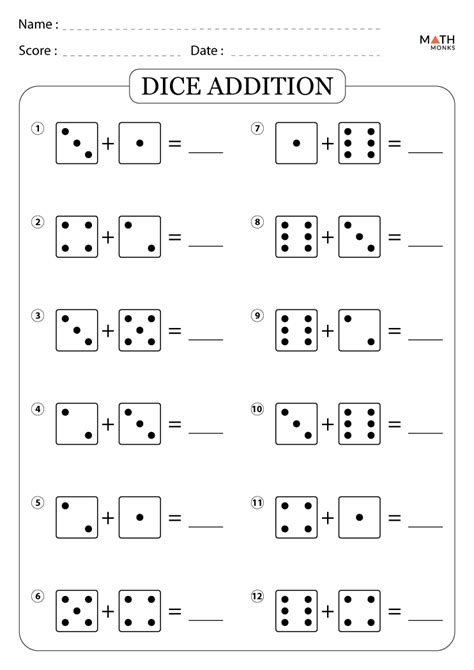 Addition With Two Dice Printables Dice Addition Template Free