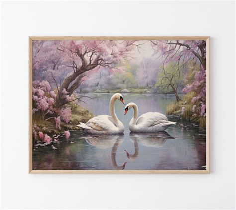 Cherry Blossom Loving Swans Oil Painting Wall Art Matte Print Heart
