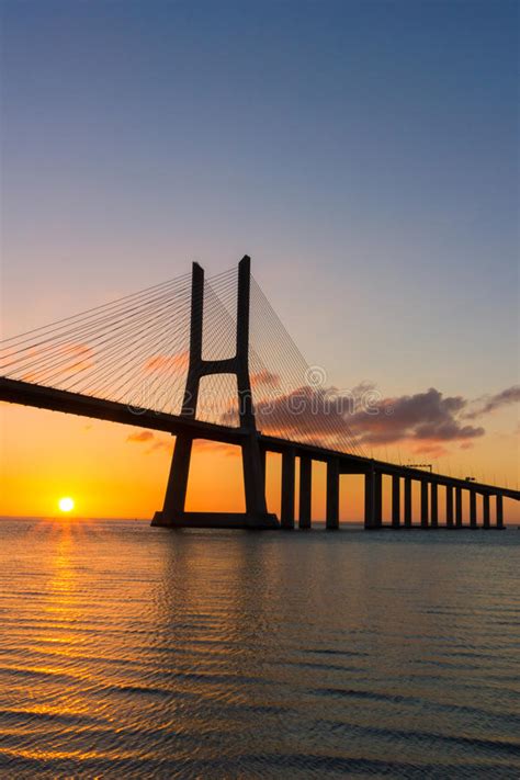 Portugal Vasco Da Gama Bridge Lisbon Sunrise Stock Image Image Of