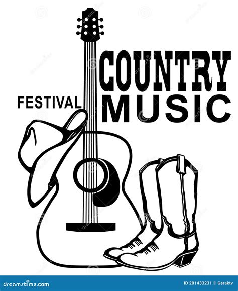 Country Music With Acoustic Guitar And Cowboy American Boots And Hat