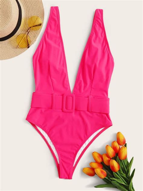 neon pink plunging neck one piece swimsuit swimsuits bright swimwear one piece swimsuit