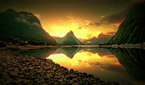 New Zealand Mountains Rocks Reflection River Sunset