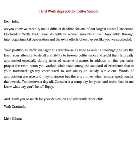 Sample Appreciation Letter To Employee For Hard Work Database Letter