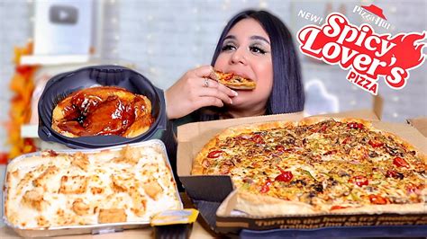 pizza hut mukbang new spicy lovers pizza tuscani creamy chicken alfredo pasta honey bbq
