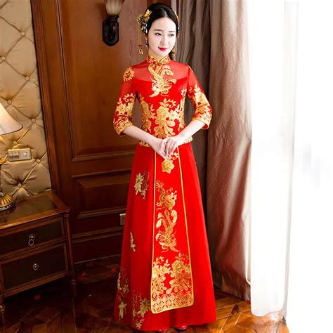 2018 Red Sexy Wedding Dress Vintage Cheongsam Qipao Long Traditional Chinese Dresses Women