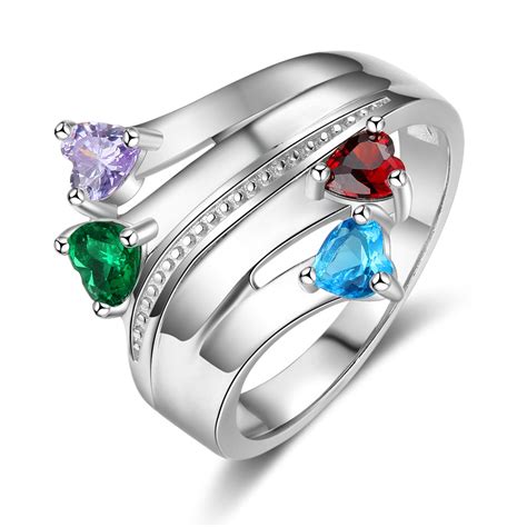 Personalized Silver Stackable Heart Cut 4 Stones Birthstone Ring In