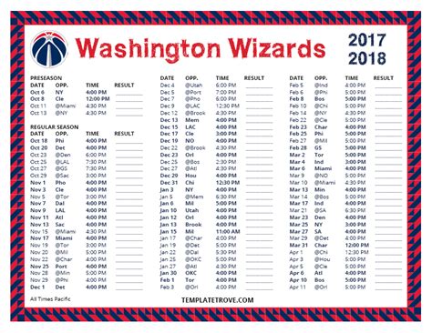 Printable 2017 2018 Washington Wizards Schedule