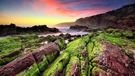 Sea Coast Sunset Rocks Green Moss Waves Indonesia