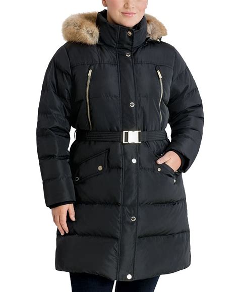 Michael Kors Plus Size Belted Faux Fur Trim Hooded Down Puffer Coat