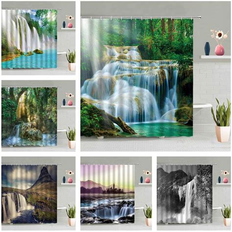 Natural Scenery Waterfall Shower Curtain Mountain Water Forest Bathroom