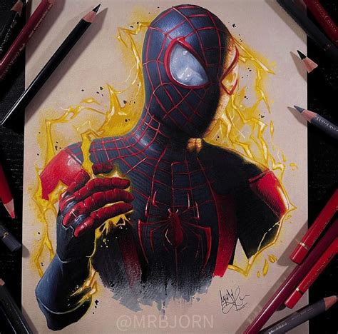 Miles Morales By Mrbjorn Colored Pencil 2020 Spiderman Drawing Spiderman Painting Spiderman Art