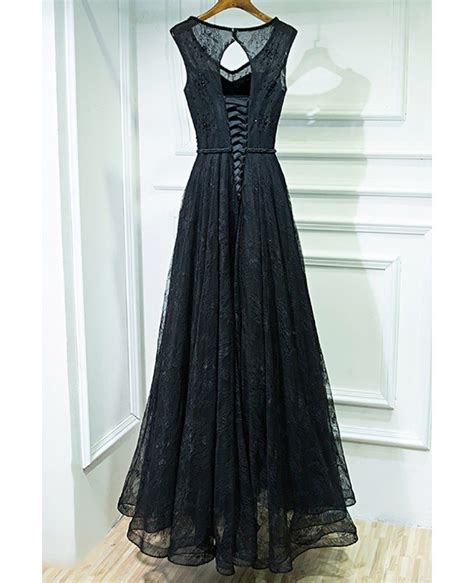 formal long black lace cheap prom dress sleeveless myx18128