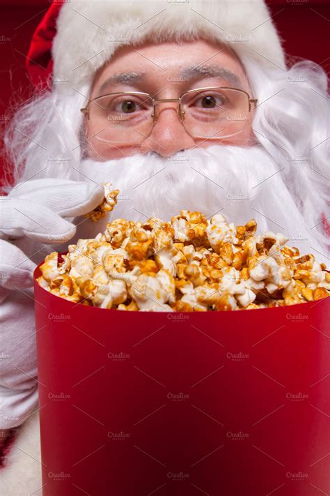 Close Up Portrait Traditional Santa Claus Watching Tv Eating Popcorn