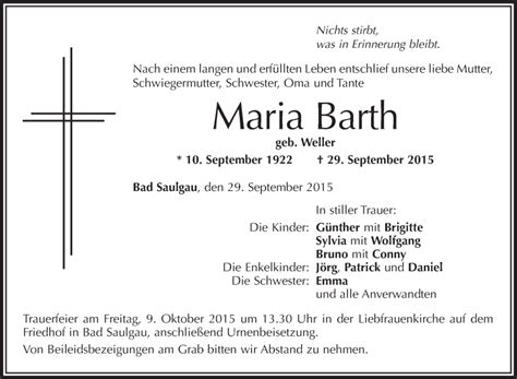 Traueranzeigen Von Maria Barth Schwaebische De Trauerportal
