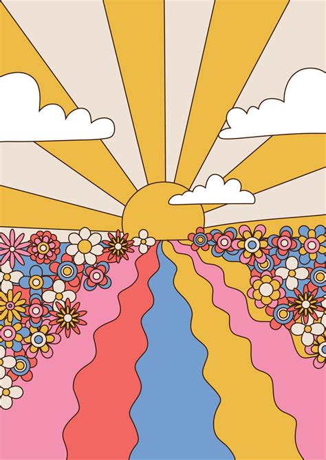 Psychedelic Art Landscape With Sunset Sky And Flower Field 1960s