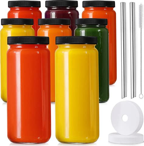 8 Pack Glass Drinking Bottles With 2 Straws And 2 Lids W Hole 16 Oz