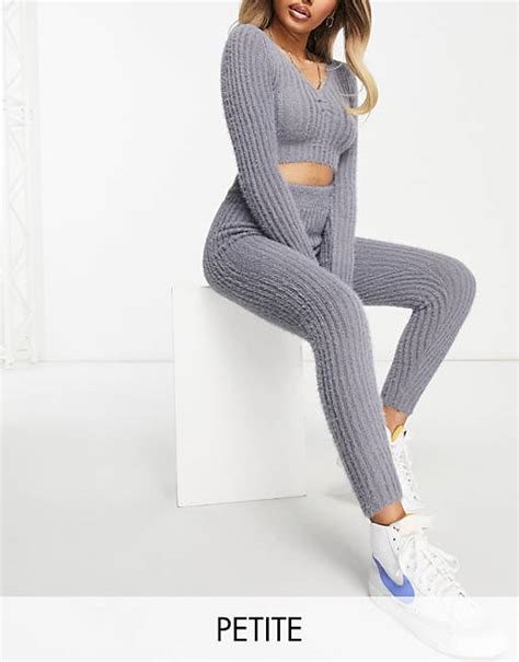 Missguided Petite Loungewear Co Ord Fluffy Ribbed Legging In Grey Asos