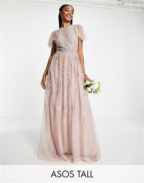 Asos Asos Design Tall Bridesmaid Pearl Embellished Flutter Sleeve Maxi