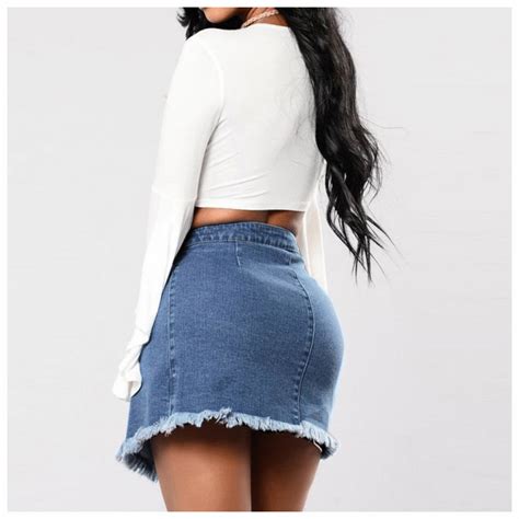 Womens High Waist Jupe Denim Mini Skirt W Irregular Edges Denim