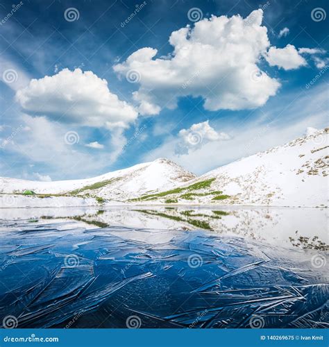 Frozen Mountain Lake With Blue Ice Stock Image Image Of Blue Hiking