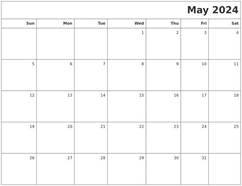 May 2024 Calendar Template 2024 Calendar Printable