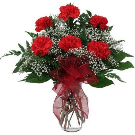 6 Red Carnations Beautifully Arranged In A Glass Vase They Are A Great