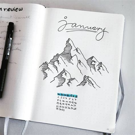 Bullet Journal Monthly Cover Page January Cover Page Mountain Drawing