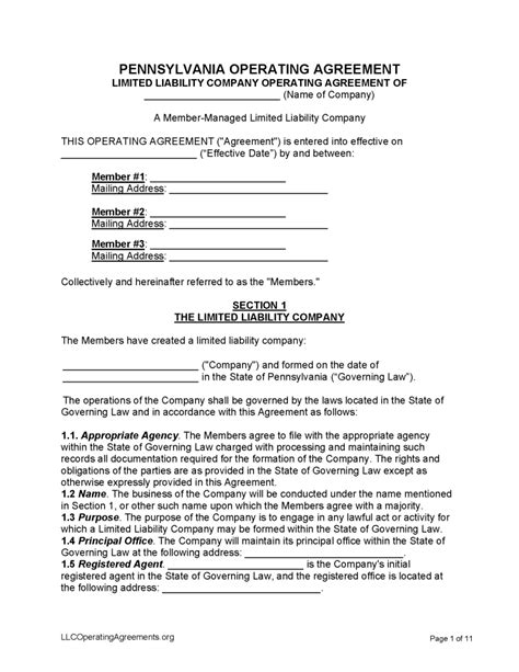 Pennsylvania Llc Multi Member Operating Agreement Template Free Llc
