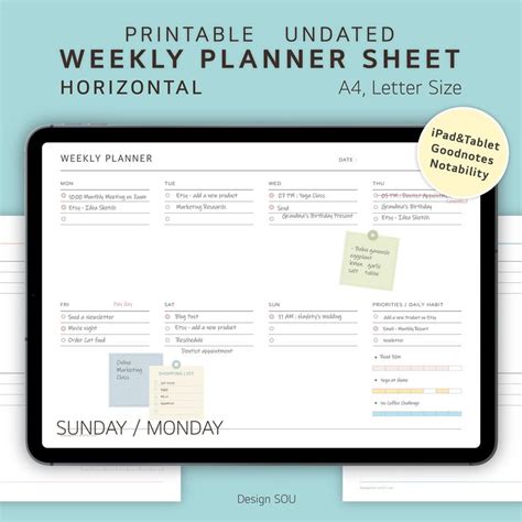 The Printable Weekly Planner Sheet Is Displayed On A Computer Screen