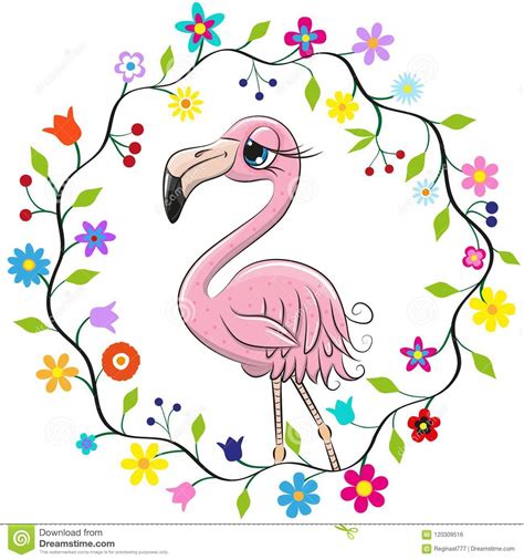 Cute Flamingo In A Flowers Frame Stock Vector