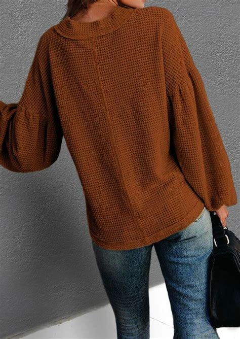 Lantern Sleeve V Neck Loose Pullover Sweater Brown Bellelily