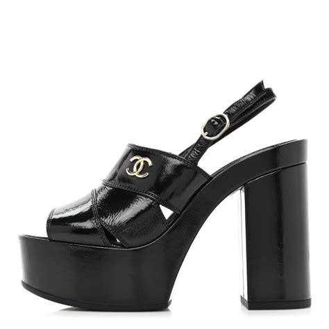 Chanel Crumpled Patent Lambskin Platform Sandals 36 Black 1323061