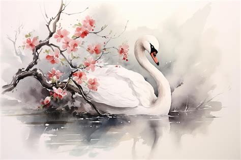 Premium Ai Image Image Of White Swan With Pink Cherry Blossoms In
