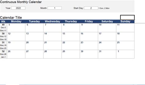 Continuous Monthly Calendar Excel Templates