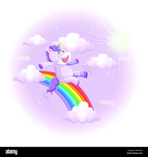 Fantasy Unicorn Sliding Down A Rainbow Illustration Stock Vector Image
