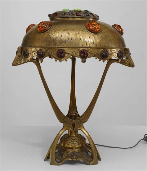 Art Nouveau Hungarian Brass Table Lamp With A Multicolored Glass