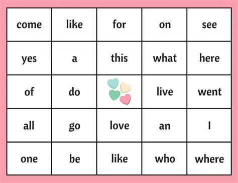 Valentines Day Sight Word Bingo Free Bingo Board Printable For Teachers