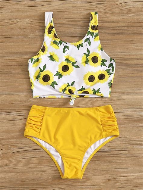 sunflower print knot cami top swimsuit ruched tankini yellow bikini bottom bikinis ruched