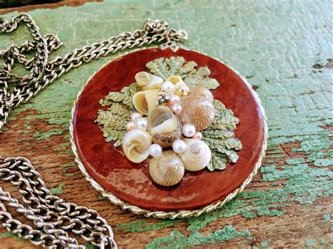 Vintage Pendant Real Shells And Plants Boho Gypsy Burgundy Etsy