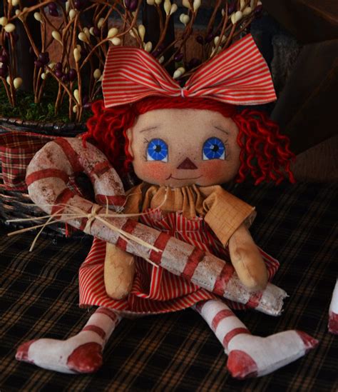 Handmade Primitive Christmas Holiday Cane Raggedy Annie Doll By