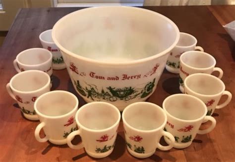 Vintage Hazel Atlas Tom And Jerry Milk Glass Eggnog Punch Bowl Set