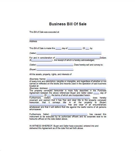Free Business Bill Of Sale Template Printable Templates
