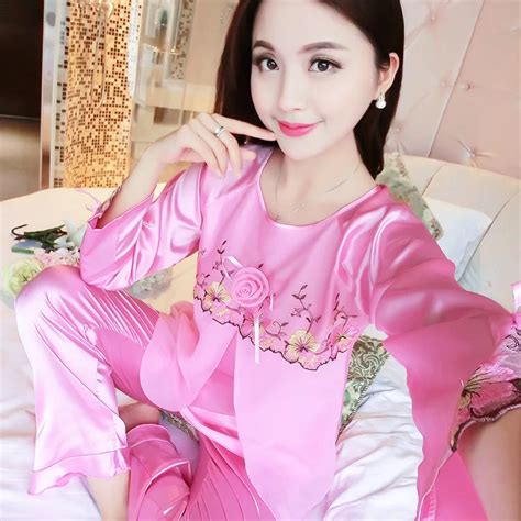 litmon pajama sets sleepwear women autumn winter full solid flower chiffon silk pajamas elegant