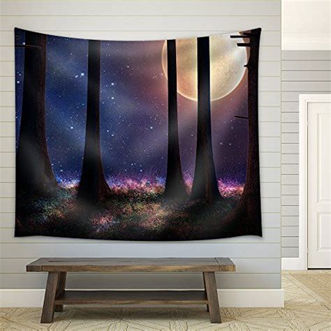 Tall Trees Of A Forest Illuminated With A Big Full Moon Fabric Wall