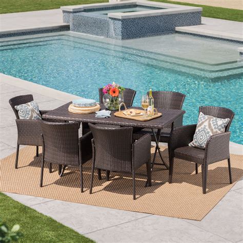 Outdoor 7 Piece Wicker Dining Set With Foldable Tablemultibrown